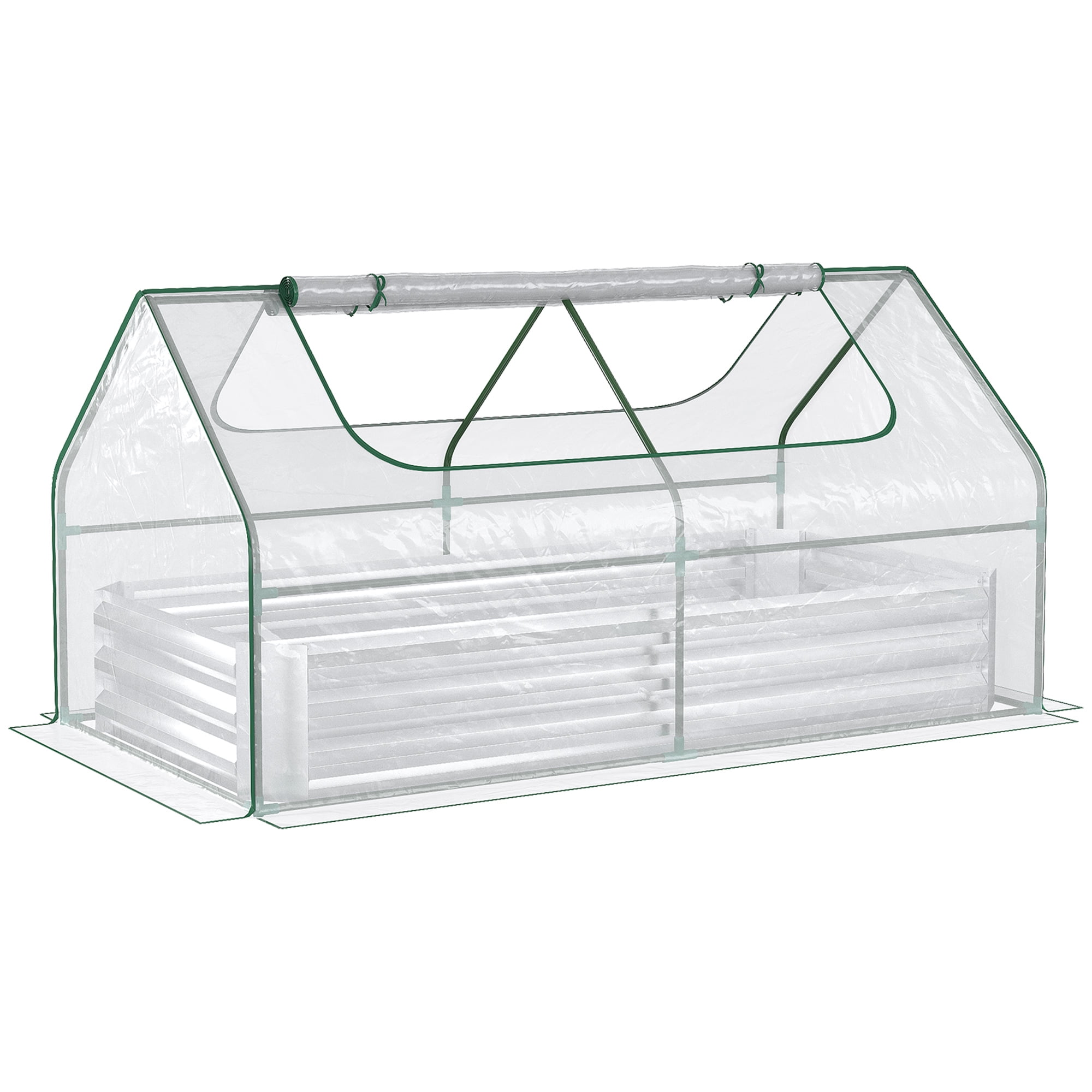 Outsunny 6' x 3' Galvanized Raised Garden Bed with Mini PVC Greenhouse Cover, Outdoor Metal Planter Box with 2 Roll-Up Windows for Growing Flowers, Fruits, Vegetables and Herbs, Silver