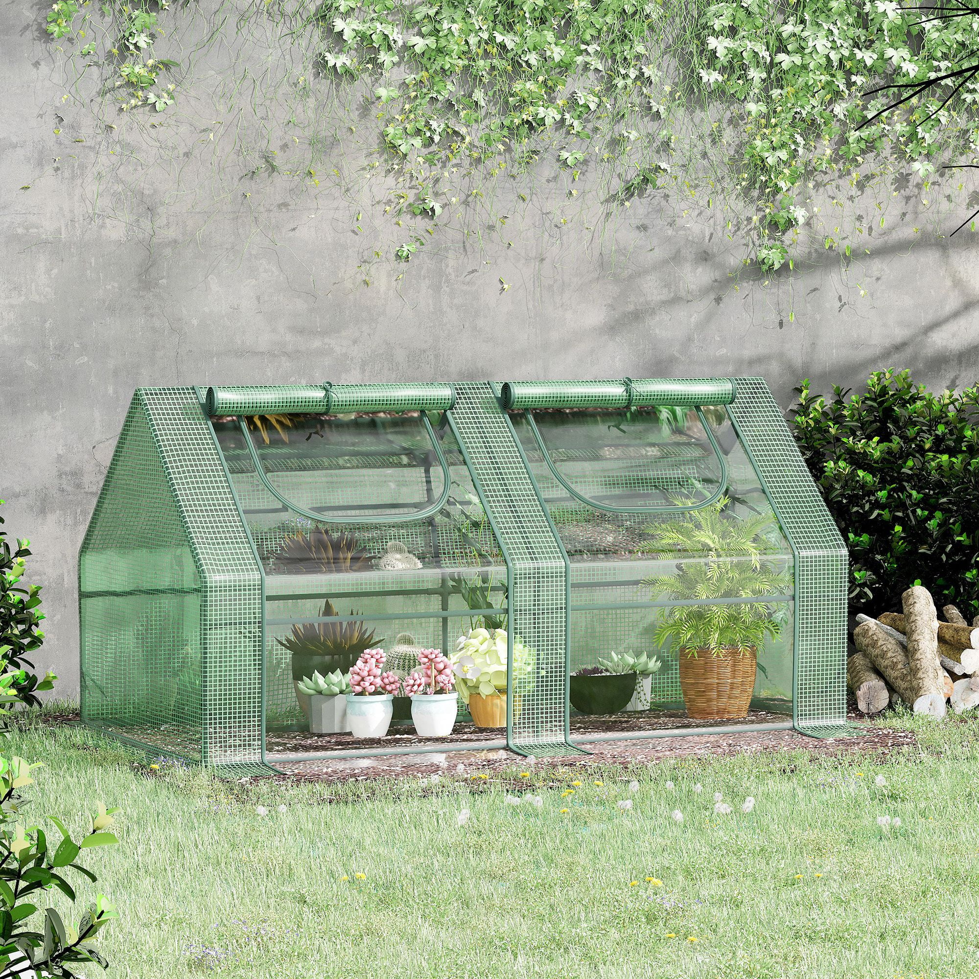 Green Portable Mini Greenhouse with Steel Frame and Roll-Up Windows
