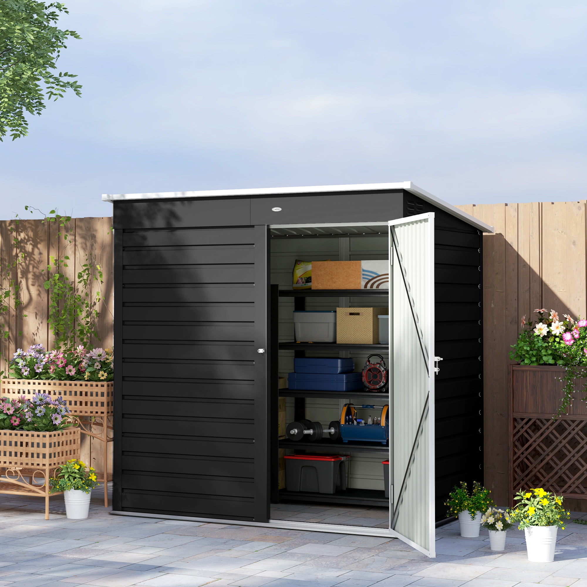 Outsunny 6' x 4' Garden Storage Shed, Outdoor Metal Tool Shed with Lockable Door and Gloves for Backyard Garden Patio Lawn, Dark Gray