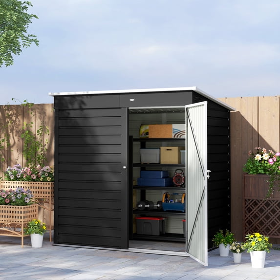 Outsunny 6' x 4' Garden Storage Shed, Outdoor Metal Tool Shed with Lockable Door and Gloves for Backyard Garden Patio Lawn, Dark Gray