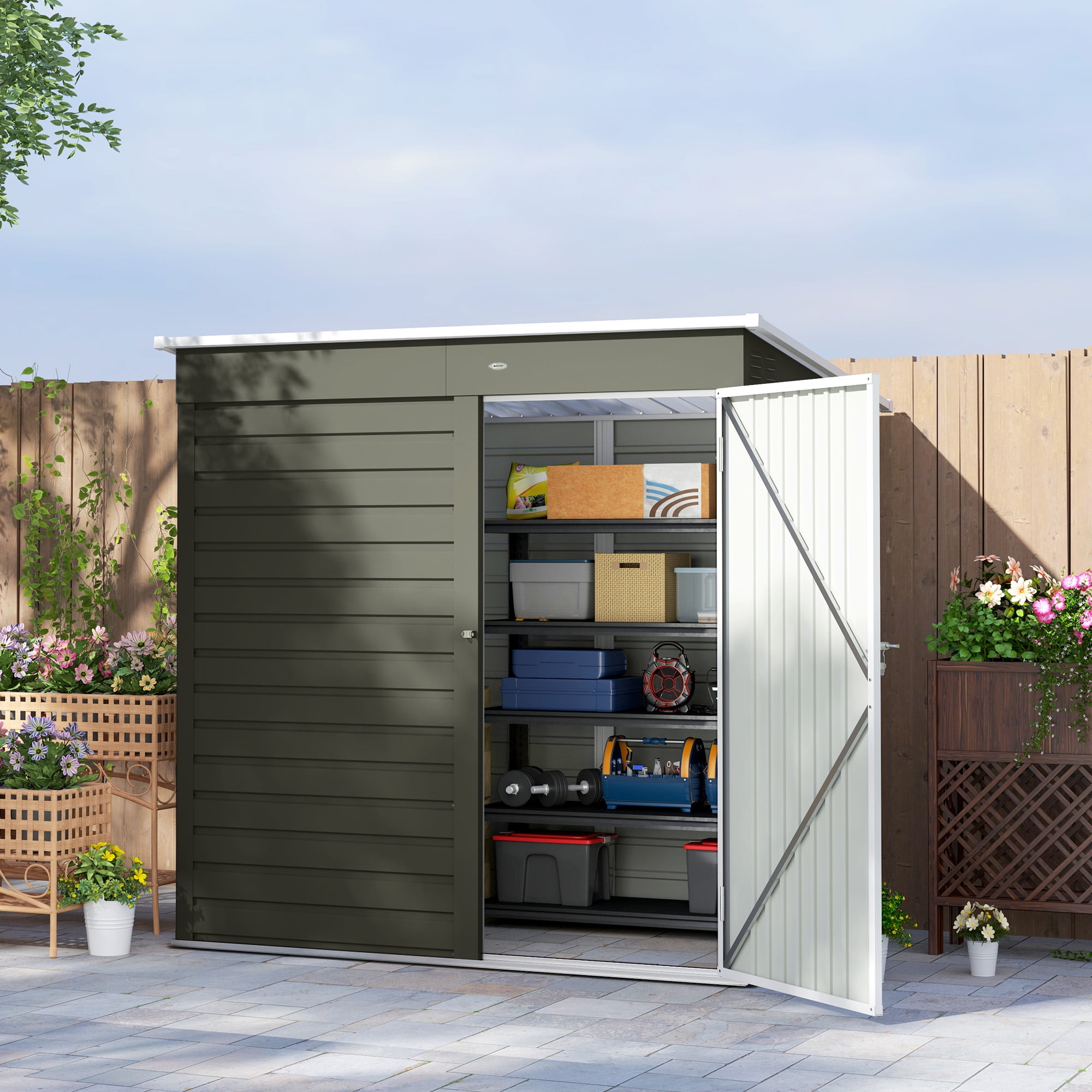Outsunny 6' x 4' Garden Storage Shed, Outdoor Metal Tool Shed with Lockable Door and Gloves for Backyard Garden Patio Lawn, Light Gray