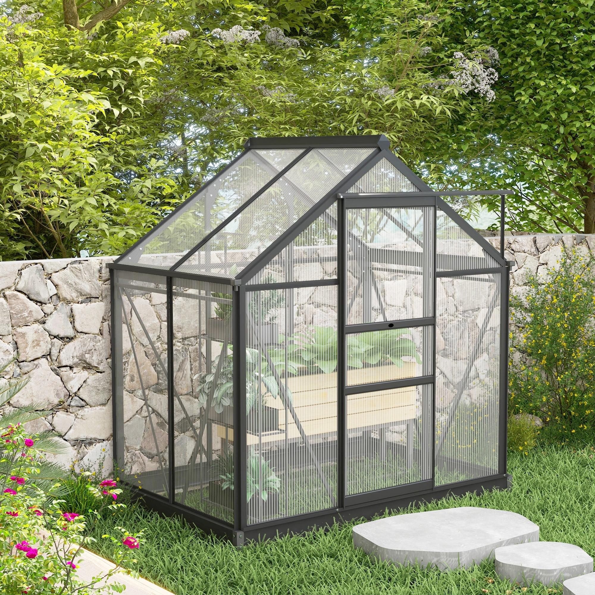 Gray Polycarbonate Walk-In Greenhouse with Sliding Door
