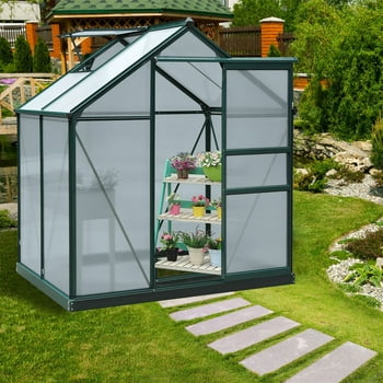 Outsunny 6' x 4' x 7' Polycarbonate Greenhouse, Heavy Duty Outdoor Aluminum Walk-in Green House Kit with Vent & Door for Backyard Garden, Green