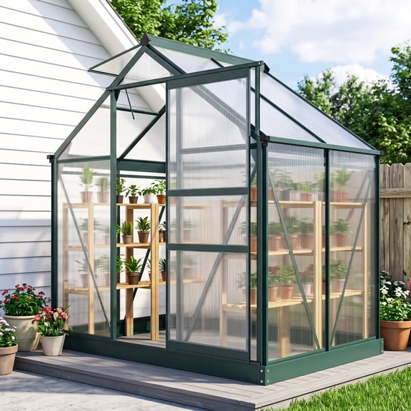 Outsunny 6' x 4' x 7' Polycarbonate Greenhouse, Heavy Duty Outdoor Aluminum Walk-in Green House Kit with Vent & Door for Backyard Garden, Green