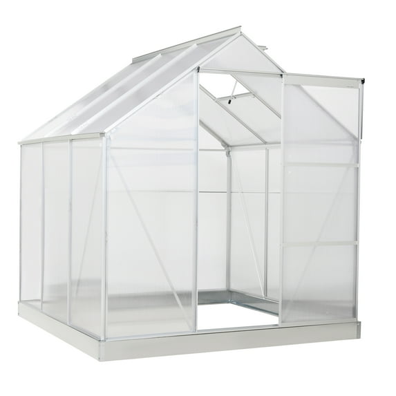 Outsunny 6' x 6' Hobby Greenhouse, Walk-in Polycarbonate Hot House Kit with Aluminum Frame, Sliding Door, Roof Vent, Silver