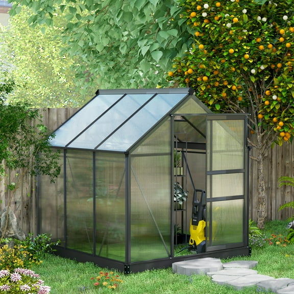 Outsunny 6.2' x 6.2' x 6.6' Polycarbonate Greenhouse, Heavy Duty Outdoor Aluminum Walk-in Green House Kit with Vent & Door for Backyard Garden, Gray