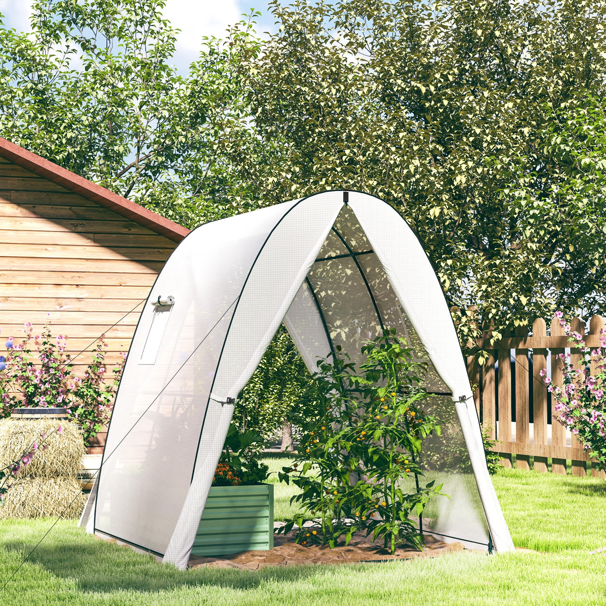 Outsunny 6' x 6' x 6.6' Hoop House Greenhouse with Sandbags and Hemmed PE Cover, Portable Walk-In Tunnel Green House with 2 Doors, White