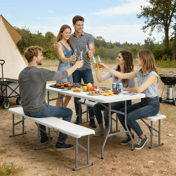 Outsunny 6FT 3-Piece Portable Picnic Table Bench Set with Carrying Handles, Folding Camping Table and Chairs, White