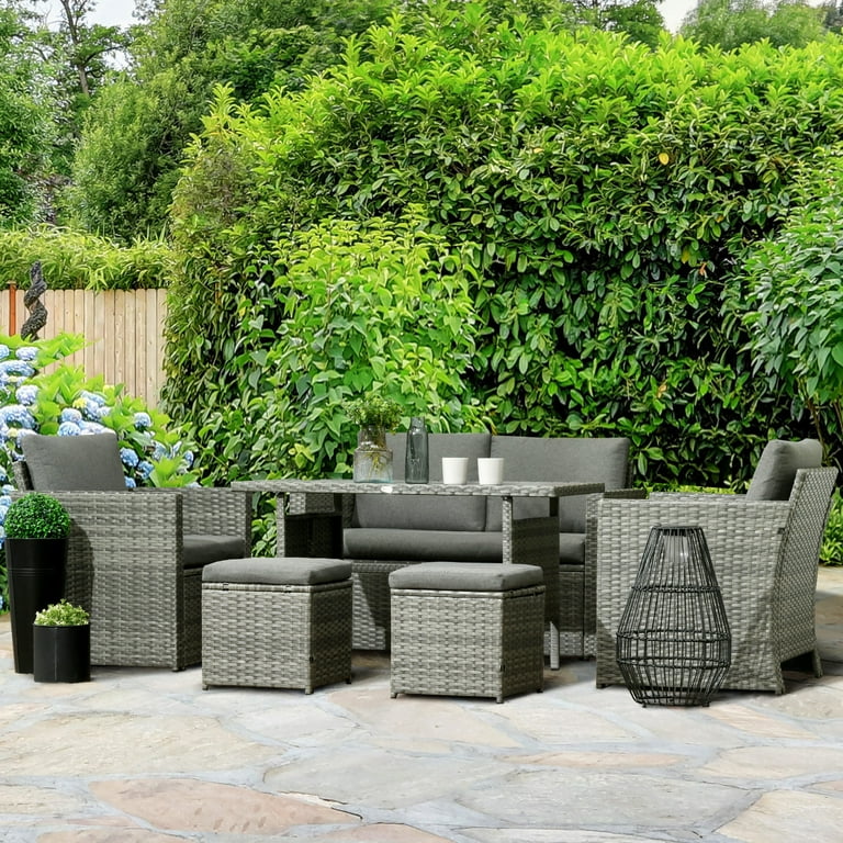 Grey rattan 6 piece cube garden furniture dining set discount