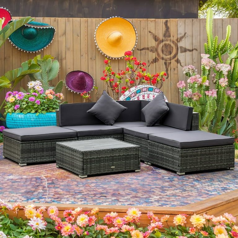 Outsunny 6pc Patio Furniture Set 2 Ottoman Sectional Sofa w Table Gray Walmart