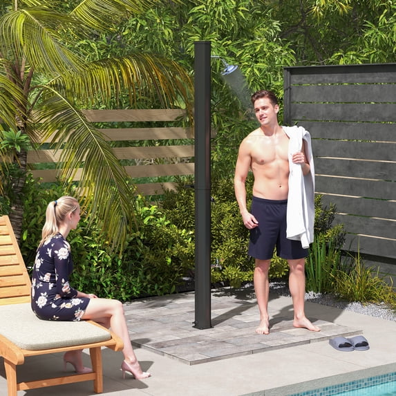 Outsunny 7.1FT Slolar Heated Outdoor Shower, 9.2 Gal Outdoor Solar Shower with Side Tray for Backyard Poolside Beach Spa
