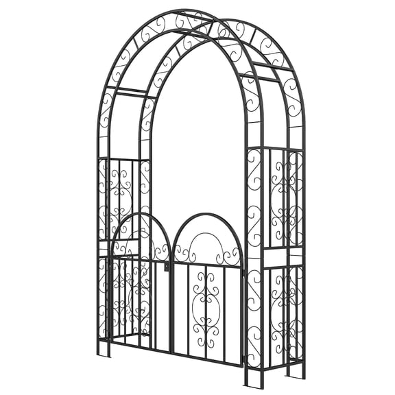 Steel Garden Arch with Gate 7.4ft Arbor Trellis for Roses Vines Black