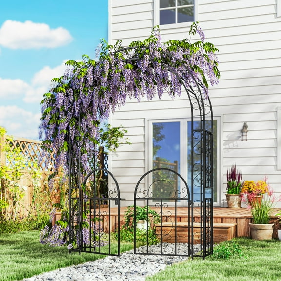 Outsunny 7.4ft Steel Garden Arch with Gate, Garden Arbor Trellis for Climbing Plants Roses Vines, Wedding Arch Stand for Outdoor Lawn Backyard, Black