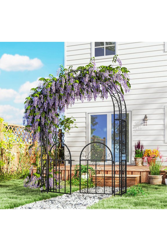 7.4ft Steel Garden Arch with Gate, Garden Arbor Trellis for Climbing Plants Roses Vines, Wedding Arch Stand for Outdoor Lawn Backyard, Black