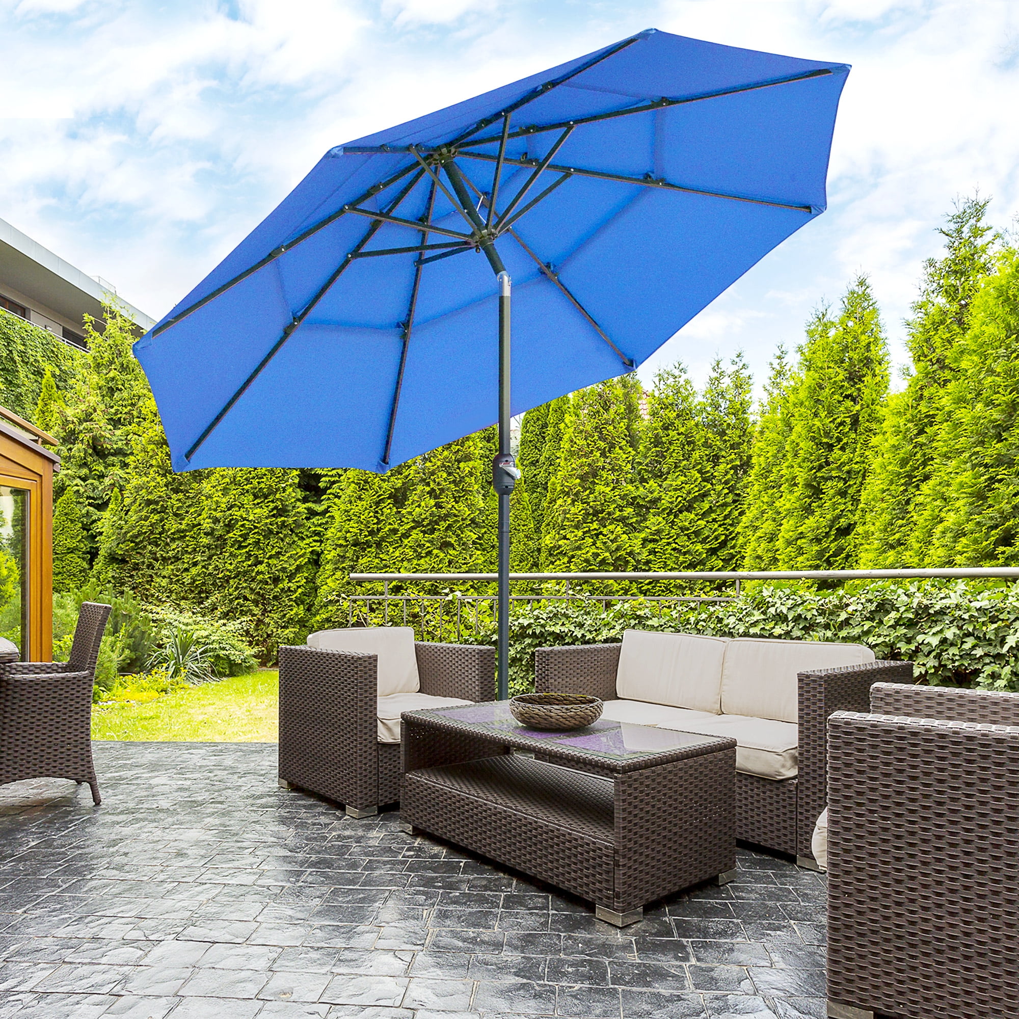 Outsunny 7.70 Feet Blue Solid Print Market Patio Umbrella, 3-Tier Top with Vents