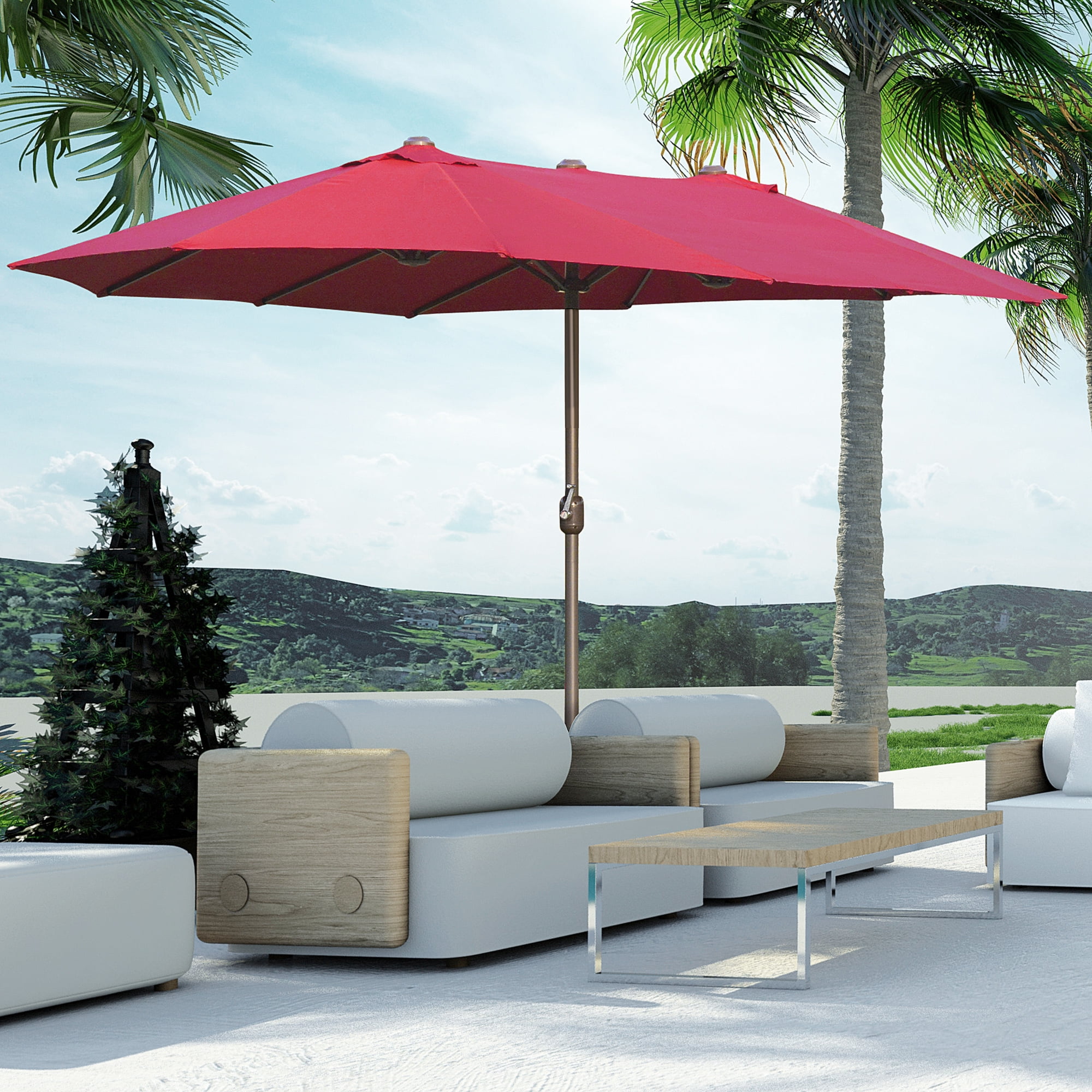Wine Red Rectangular Steel Market Patio Umbrella with Stand