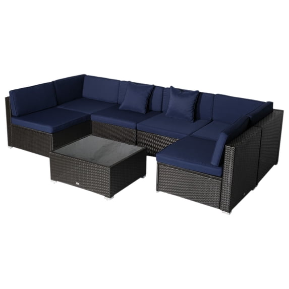 Outsunny 7-Piece Outdoor Wicker Patio Sofa Set, Modern Rattan Conversation Furniture Set with Cushions, Pillows and Tea Table, Dark Blue