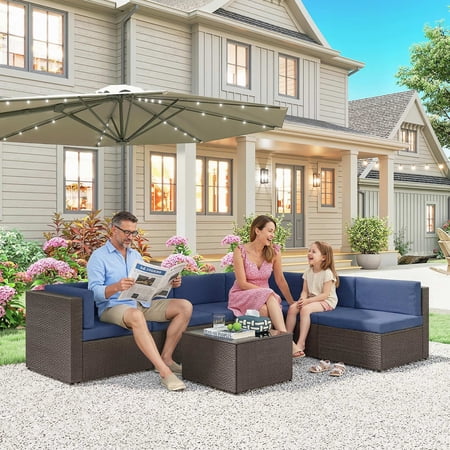 Outsunny 7 Piece Patio Furniture Set, All Weather PE Rattan Outdoor Furniture Conversation Sets with Cushions, Glass Top Coffee Table, Dark Blue
