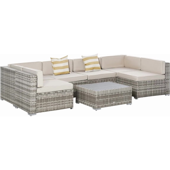 Outsunny 7-Piece Patio Furniture Set, Outdoor Wicker Conversation Set, All Weather PE Rattan Sectional Sofa Set with Cushions and Tempered Faux Wood Table, Stripe Pillows, Beige