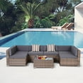 thumbnail image 1 of Outsunny 7-Piece Patio Furniture Set, Outdoor Wicker Conversation Set, All Weather PE Rattan Sectional Sofa w/ Faux Wood Table, Stripe Pillows, Gray, 1 of 10