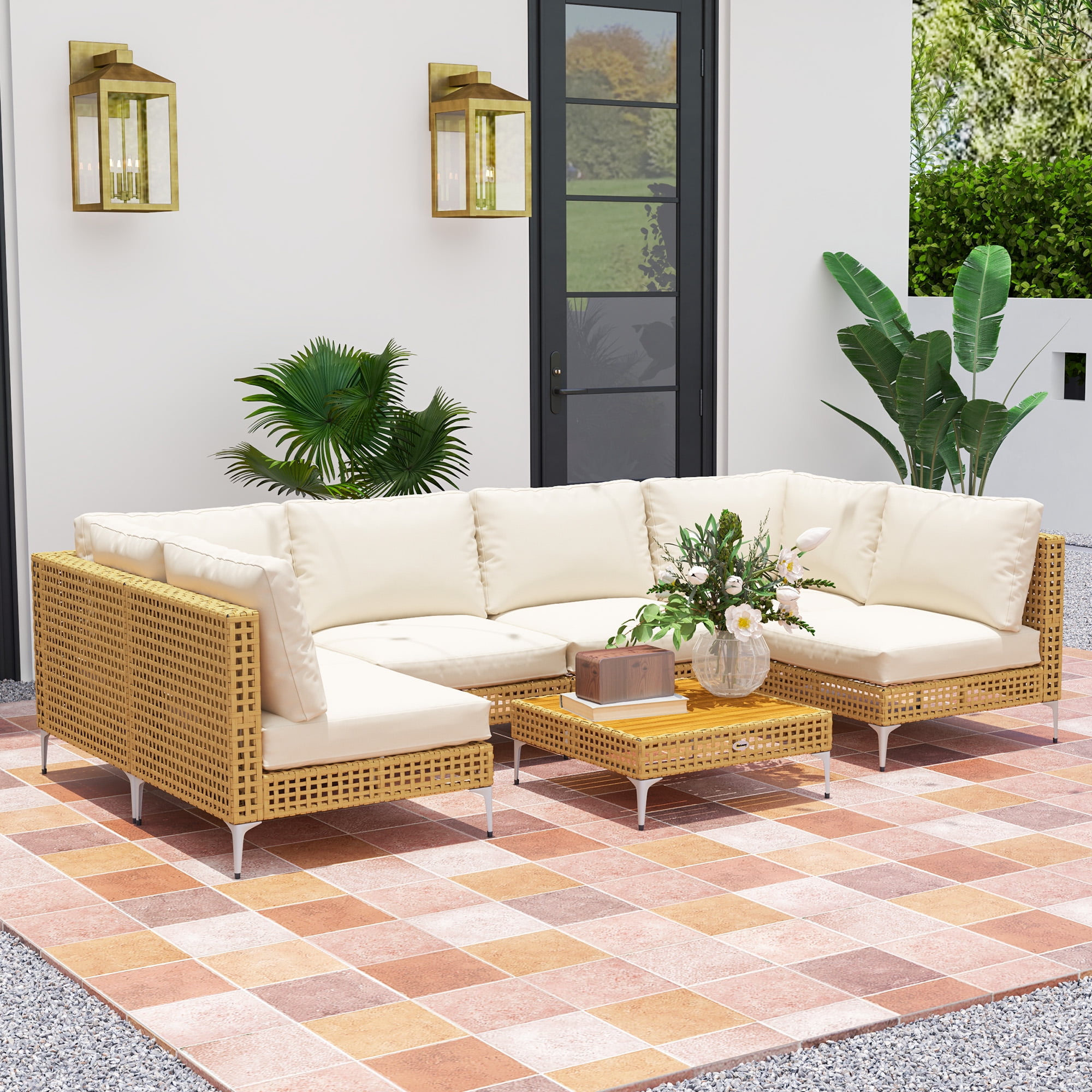 Outsunny 7 Piece Wicker Patio Furniture Set, Modular Outdoor Sectional Conversation Set with Thickened Cushions, Acacia Wood Table, Khaki/Beige