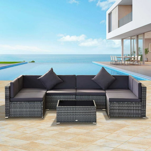 Outsunny 7 Piece Outdoor Patio Furniture Set, PE Rattan Wicker Sectional Sofa Set with Couch Cushions, Pillows, Black Coffee Table, Double Gray