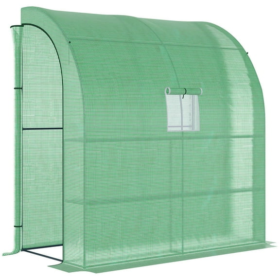 Outsunny 7' X 3' X 7' Lean To Greenhouse,Walk-In Green House,Plant Nursery with 2 Roll-Up Doors and Windows,Pe Cover and 3 Wire Shelves,Green,Green Plastic Garden Outdoor Sheds