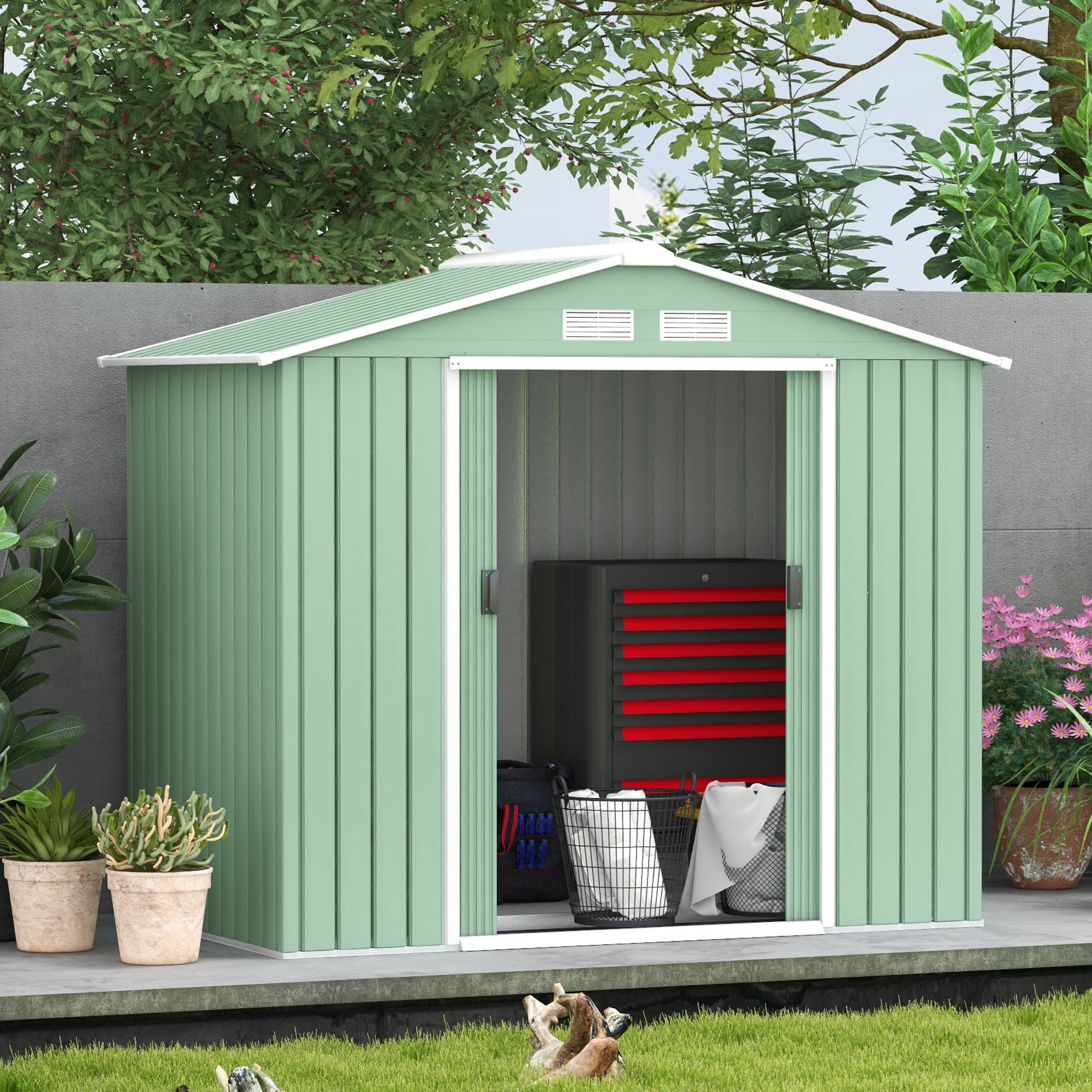Outsunny 7' x 4' Metal Storage Shed Organizer, Garden Tool House with 4 Vents and 2 Sliding Doors for Backyard, Patio, Garage, Lawn, Light Green