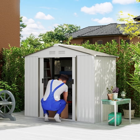 Outsunny 7' x 4' Metal Storage Shed Organizer, Garden Tool House with 4 Vents and 2 Sliding Doors for Backyard, Patio, Garage, Lawn, White