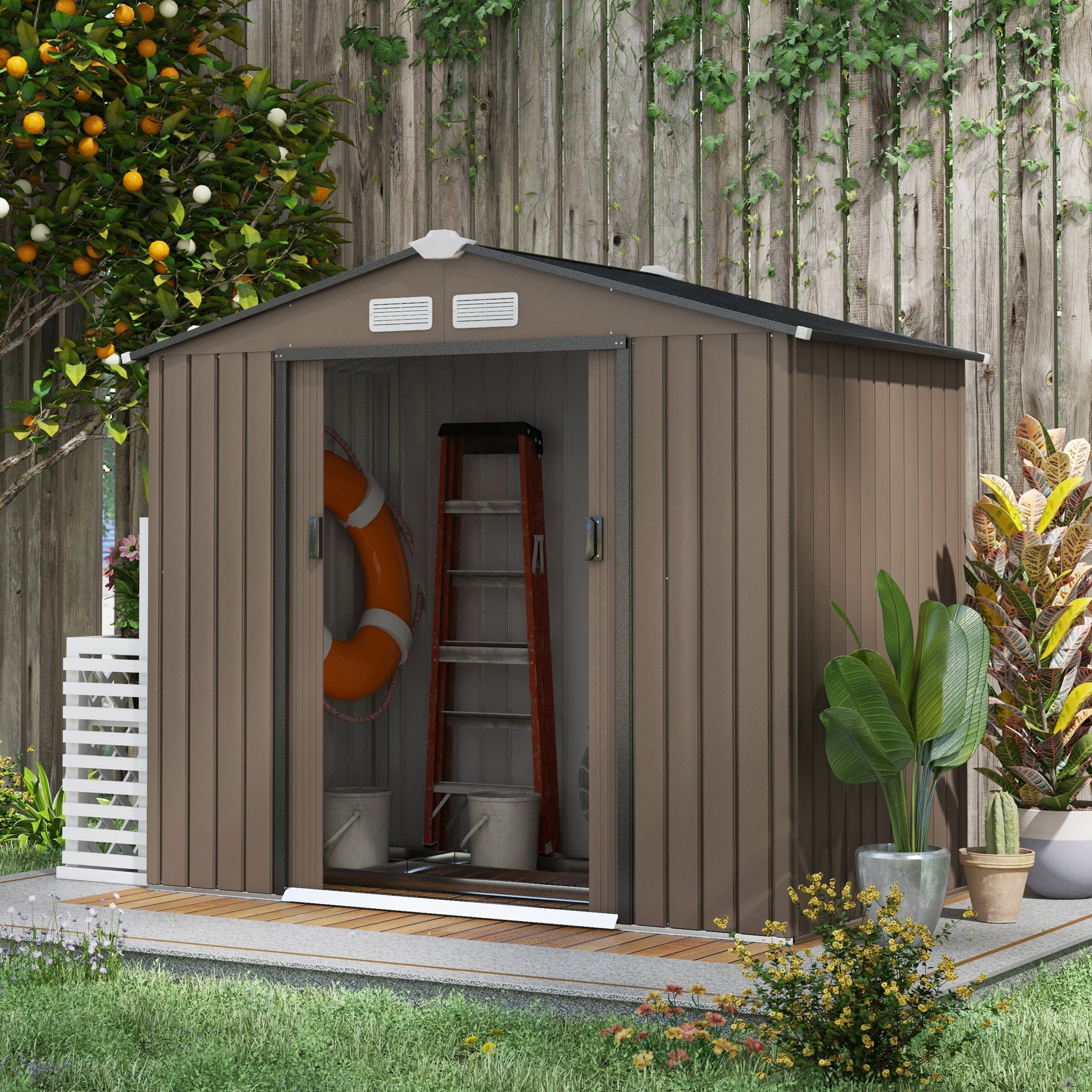 Brown Metal Outdoor Storage Shed with Windows and Sliding Doors