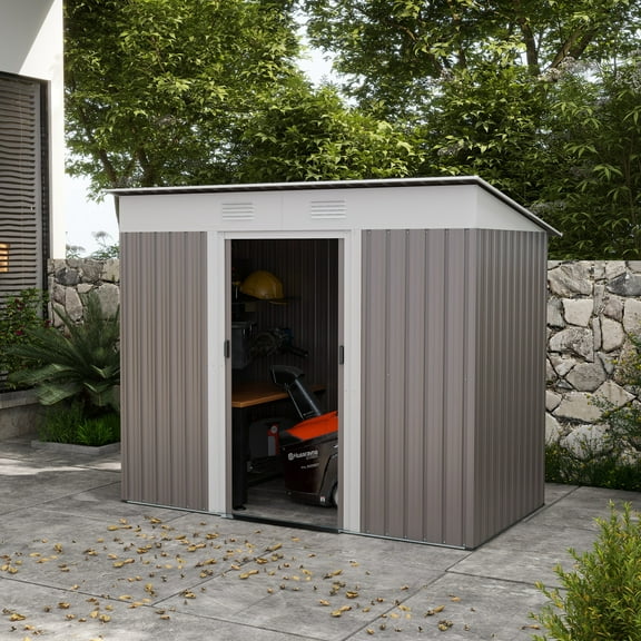 Outsunny 7'x4' Metal Garden Storage Shed with Vents, Light Gray, Steel Frame