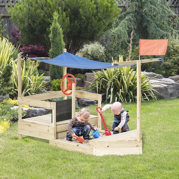Sanbox Image Outsunny Kids Wooden Sandbox Pirate Ship, Outdoor Play Station w ...