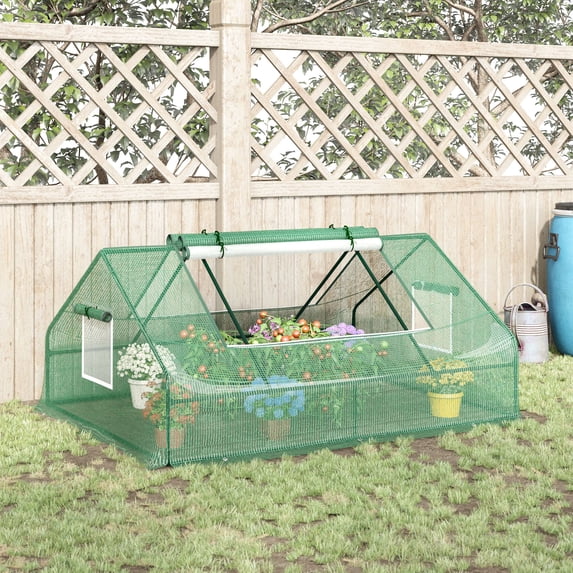 Outsunny 71" x 55" x 32" Mini Tunnel Greenhouse, Garden Planting Shed, Outdoor Flower Planter Warm House with Zipper Windows and Door, Green