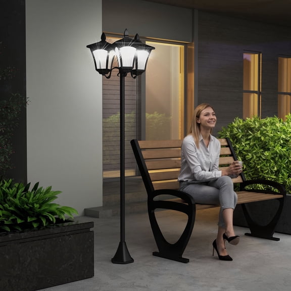 Outsunny 72" Solar Lamp Post, Triple Head Outdoor Garden Light with LED, Auto On/Off Sensor, Stainless Steel Frame, Black
