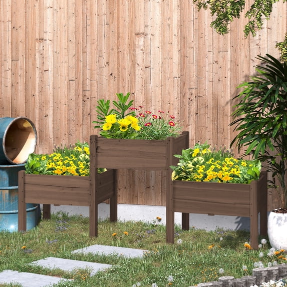 Outsunny 73" x 18" x 32" Raised Garden Bed w/ Three Elevated Planter Box, Freestanding Wooden Plant Stand for Vegetables, Herb, Flowers, Coffee
