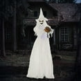 thumbnail image 1 of Outsunny 74" Life Size Outdoor Halloween Decorations White Witch Holding Pumpkin Head, Standing Skeleton Ghost Animated Prop Décor, 1 of 9