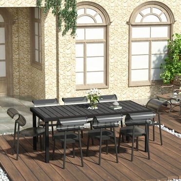 Outsunny 75" x 35" Outdoor Dining Table for 8 People, Rectangular Aluminum Frame Garden Table with All-Weather Faux Wood Top, Black