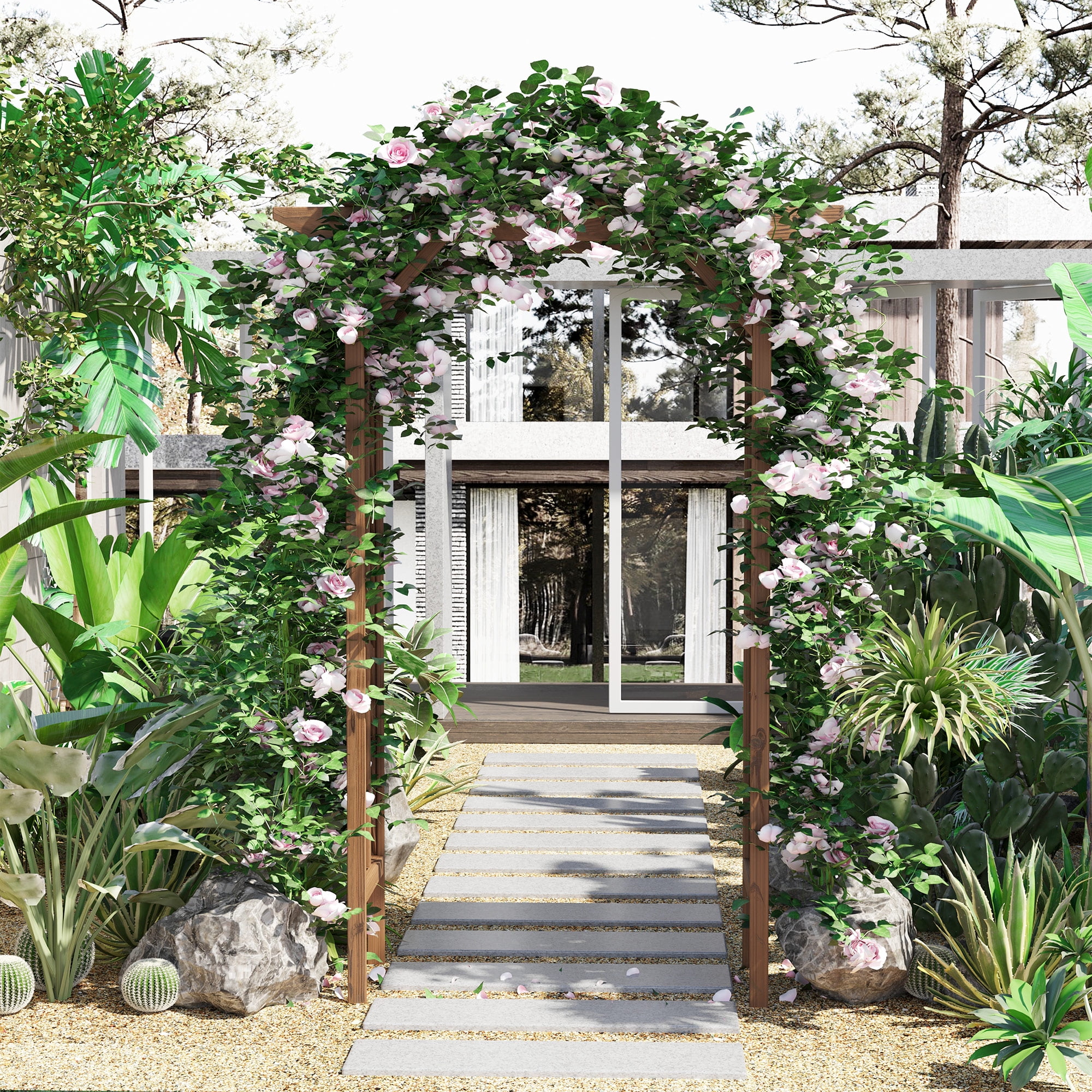 Natural Fir Wood Garden Arbor Arch Trellis with Pergola Roof