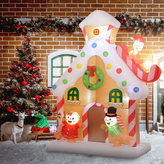 Outsunny 7FT Christmas Inflatable Gingerbread House, Huge Blow Up Christmas Decoration with Built-in LED Lights for Indoor, Outdoor, Yard, Party