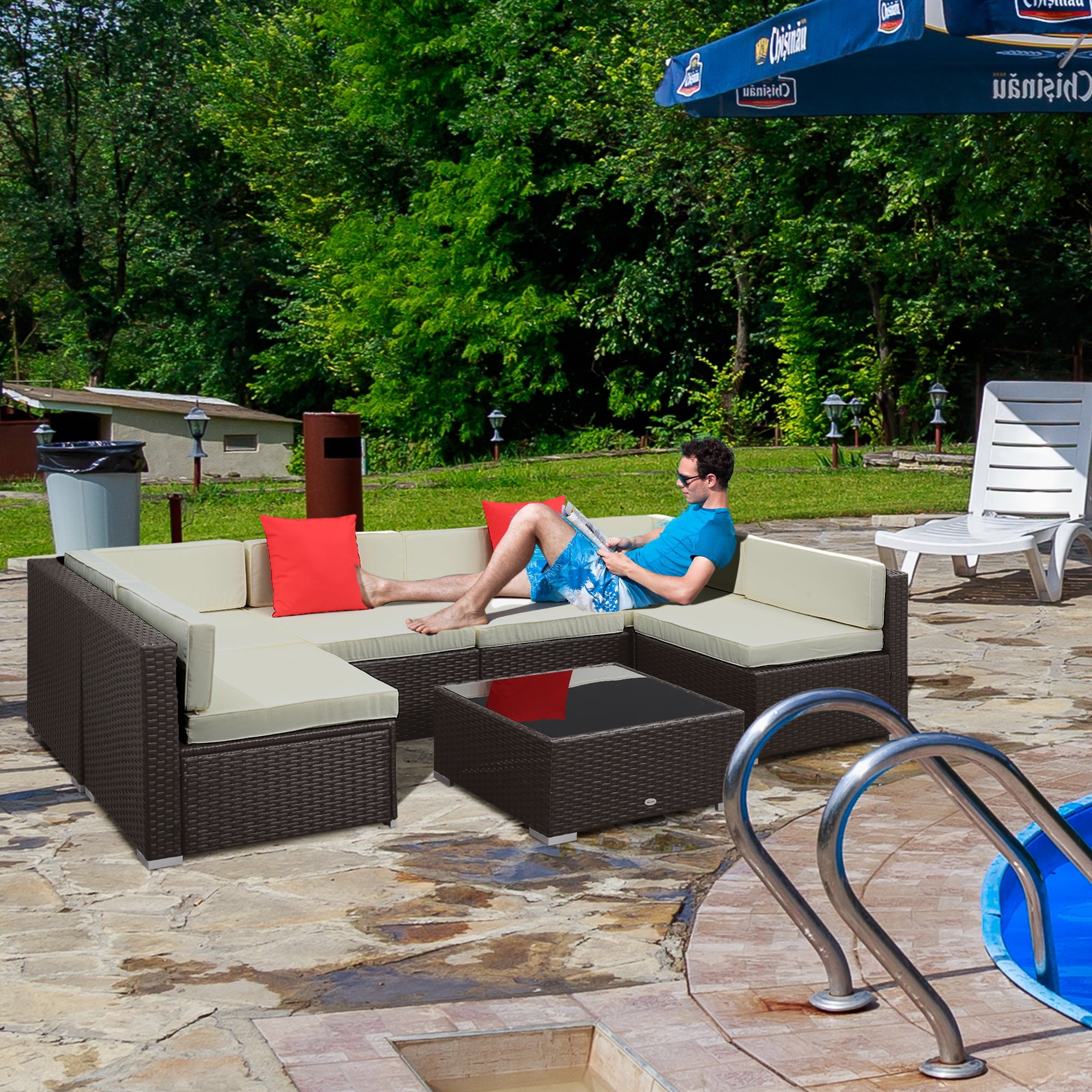 Outsunny 7 Piece Outdoor Patio Furniture Set, PE Rattan Wicker Sectional Sofa Set with Couch Cushions, Pillows, Coffee Table, Cream White