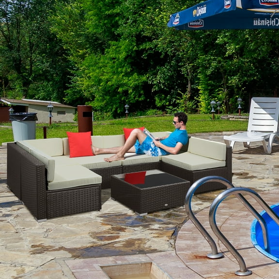 Outsunny 7 Piece Outdoor Patio Furniture Set, PE Rattan Wicker Sectional Sofa Set with Couch Cushions, Pillows, Coffee Table, Cream White