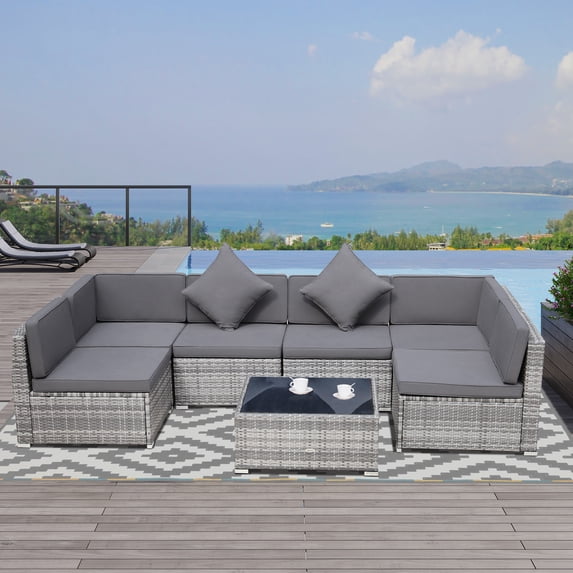 Outsunny 7pc Sectional Wicker Patio Furniture, Dark Gray