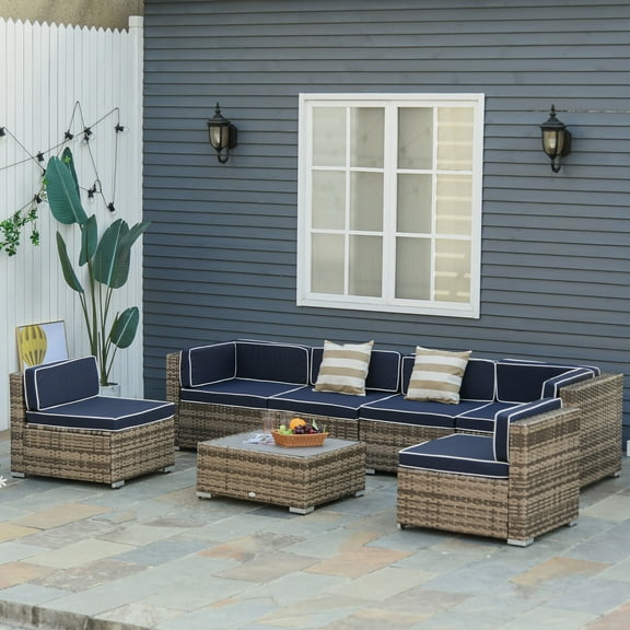 Outsunny 7pc Sectional Wicker Patio Furniture, Stripe, Blue