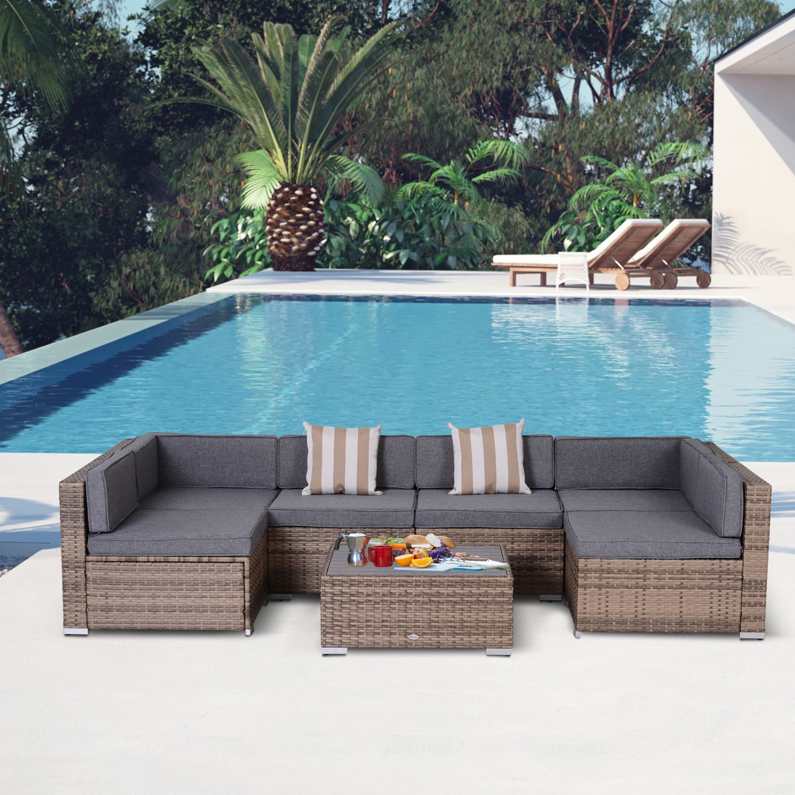 Gray 7-Piece Wicker Patio Sectional Sofa Set with Cushions
