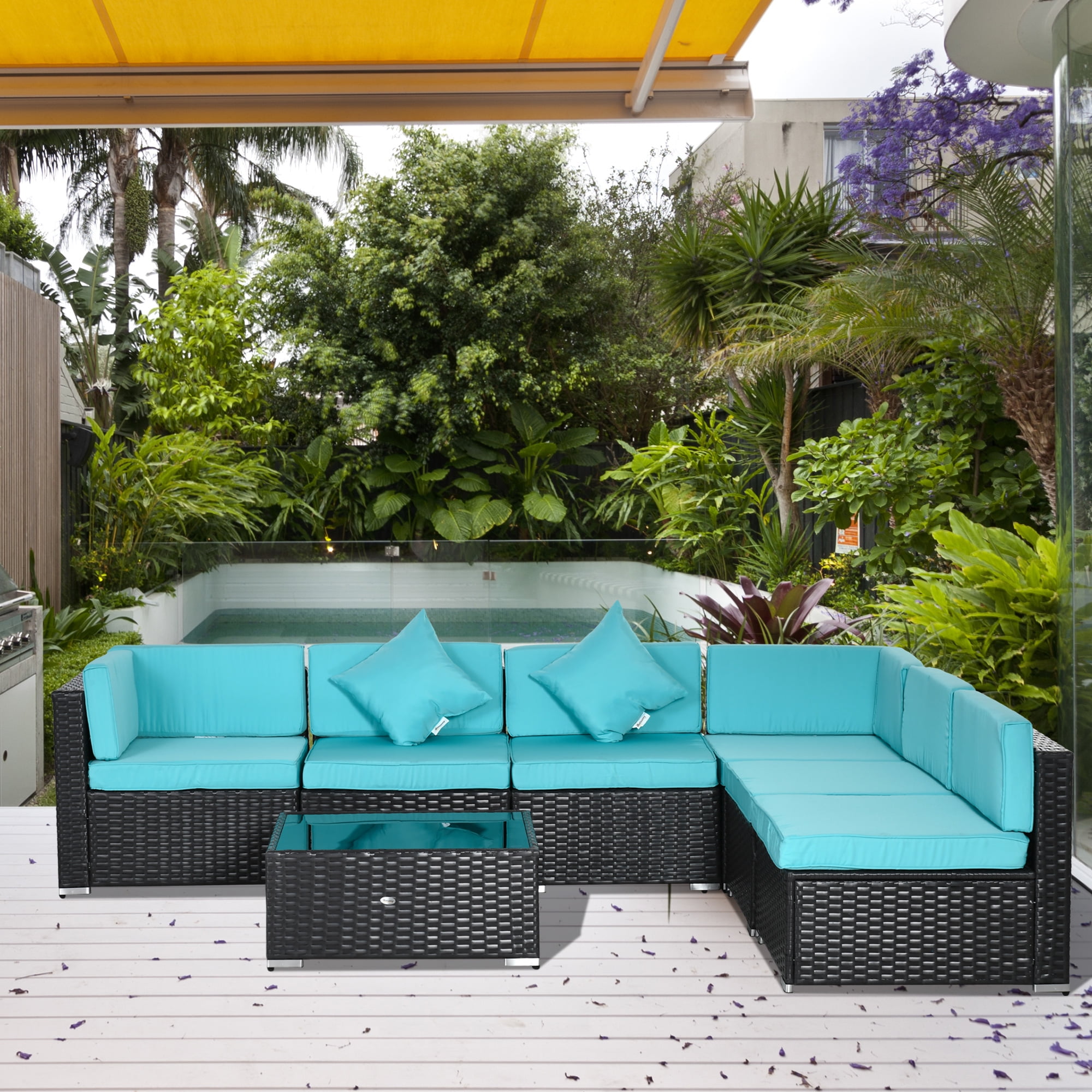 Outsunny 7 Piece Outdoor Patio Furniture Set, PE Rattan Wicker Sectional Sofa Set with Couch Cushions, Pillows, Coffee Table, Turqoise