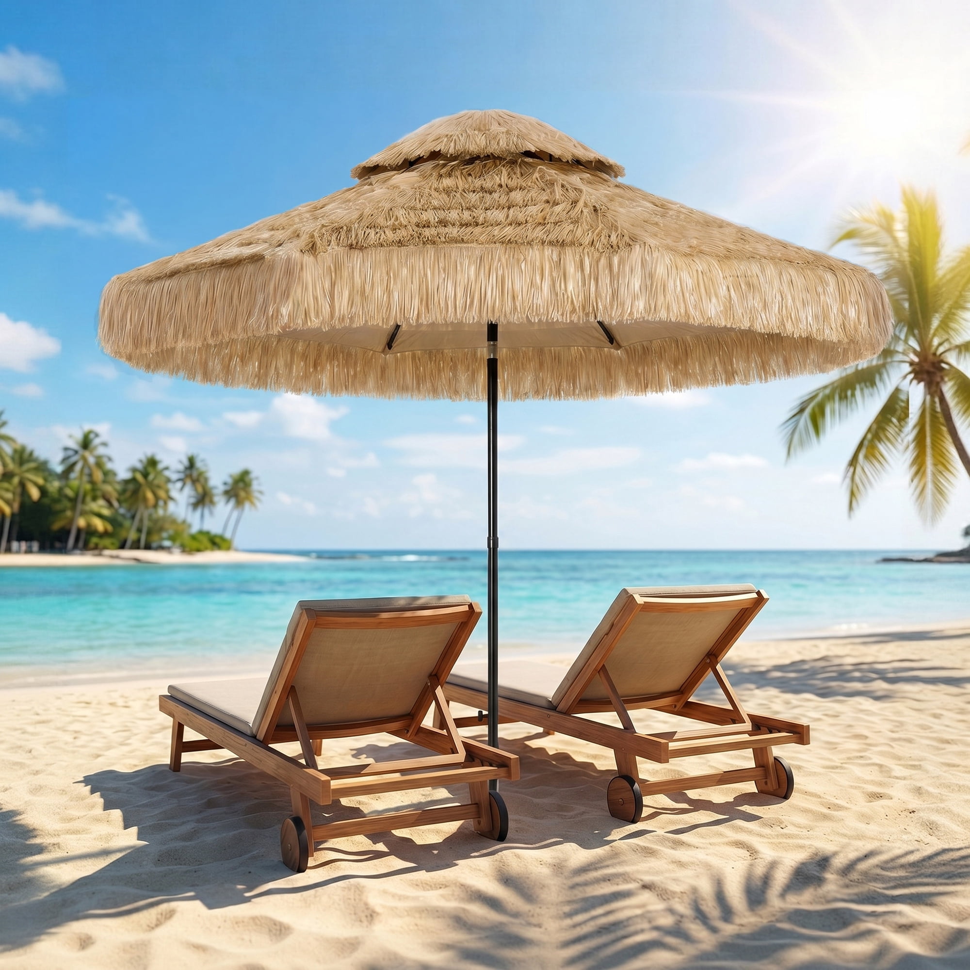Outsunny 8.5 FT Hula Thatched Tiki Patio Umbrella, 2-Tier Tropical Hawaiian Style Outdoor Umbrella with 8 Ribs, UPF30+, for Garden, Backyard, Khaki