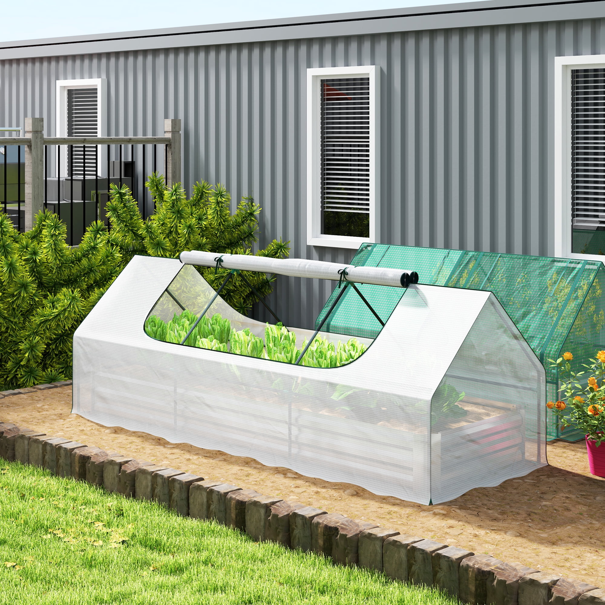 White Galvanized Steel Raised Garden Bed with Mini Greenhouse Cover