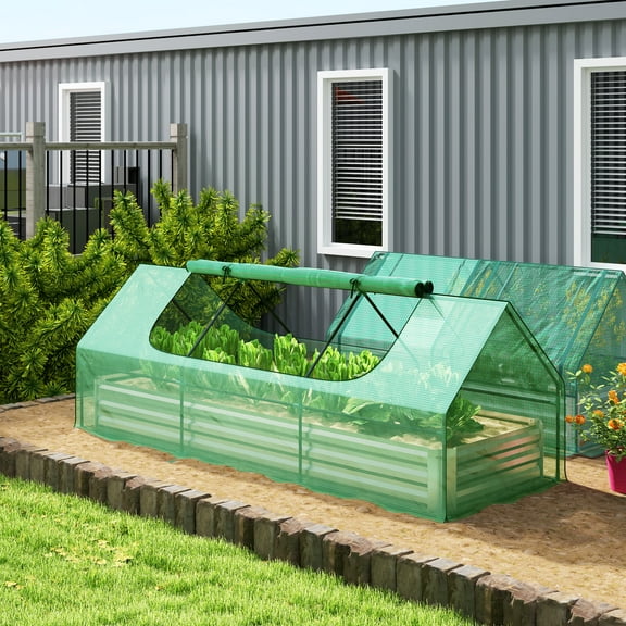 Outsunny 8.6 x 3 x 1ft Raised Garden Bed with Mini Greenhouse, Galvanized Raised Garden Bed with Cover, Green