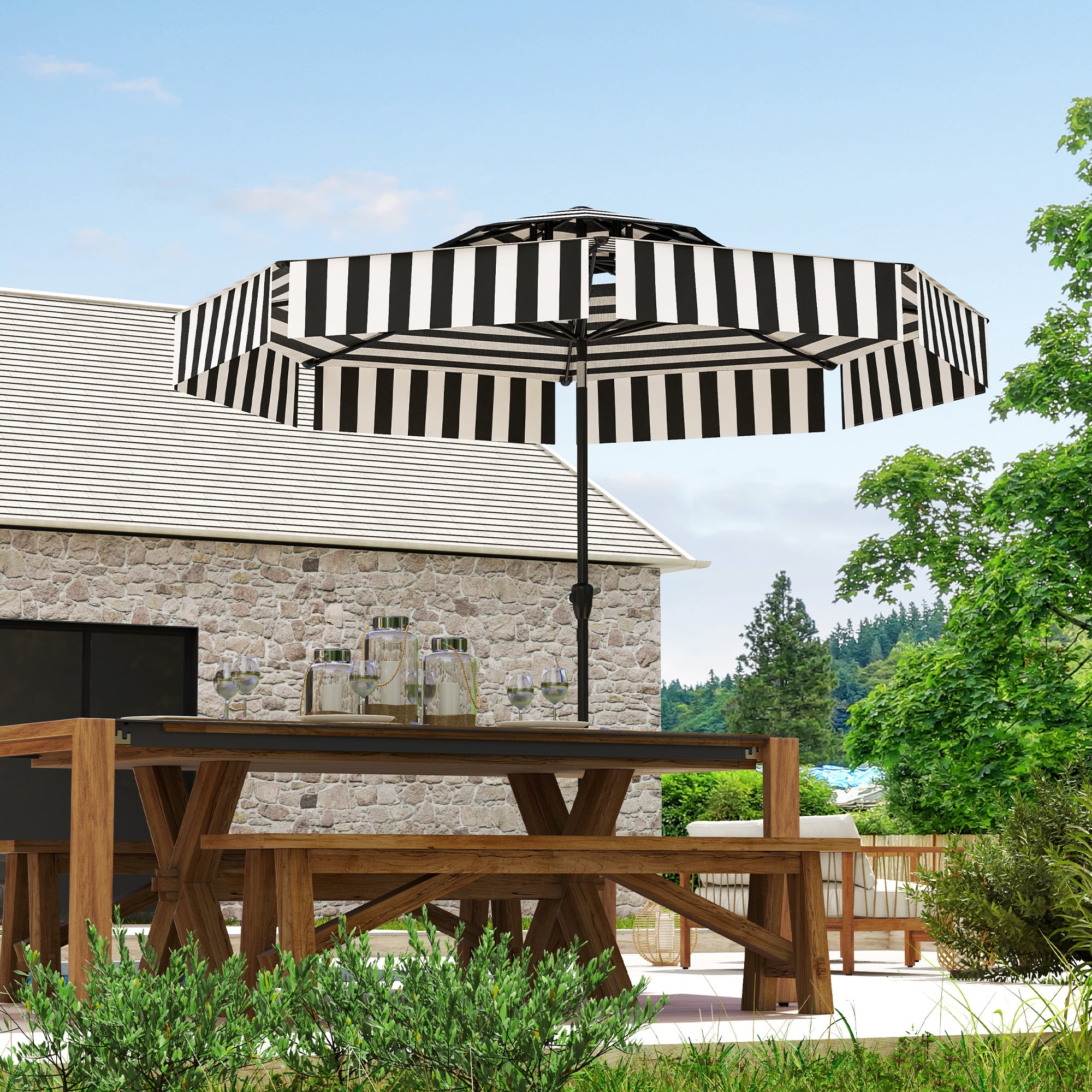 Outsunny 8.6FT Patio Umbrella, UPF 30+ Outdoor Market Umbrella, 2-Tier Vented Patio Table Umbrella with Crank, 8 Ribs, Push Button Tilt, Black