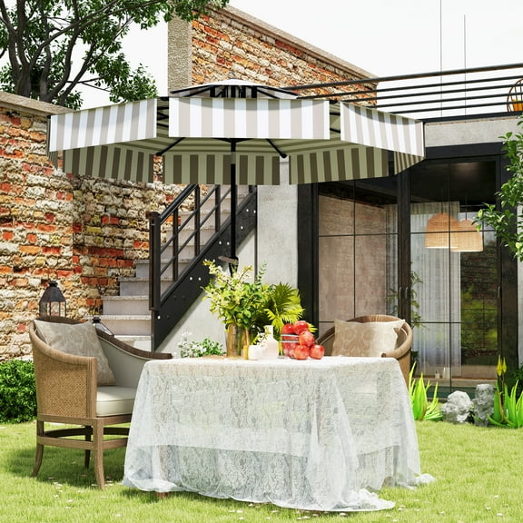 Outsunny 8.6FT Patio Umbrella, UPF 30+ Outdoor Market Umbrella, 2-Tier Vented Patio Table Umbrella with Crank, 8 Ribs, Push Button Tilt, Light Gray